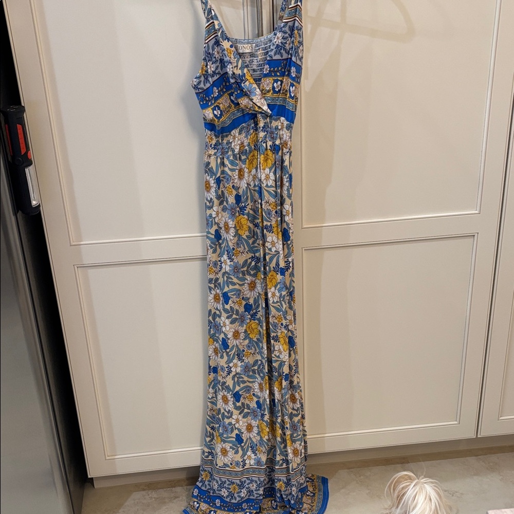 Blue and Yellow Floral Maxi Dress with Smocked Waist